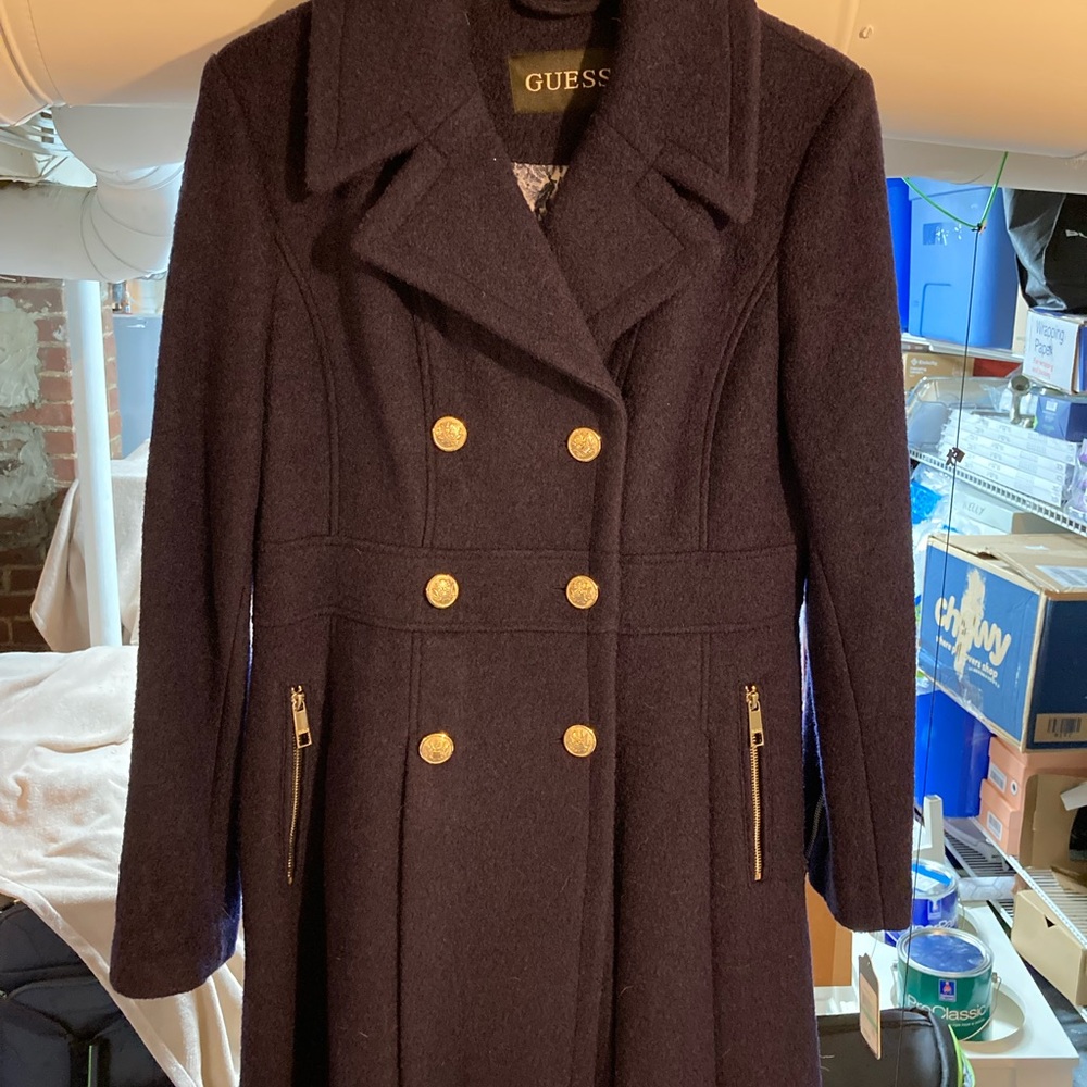 Guess wool pleated pea coat, navy blue